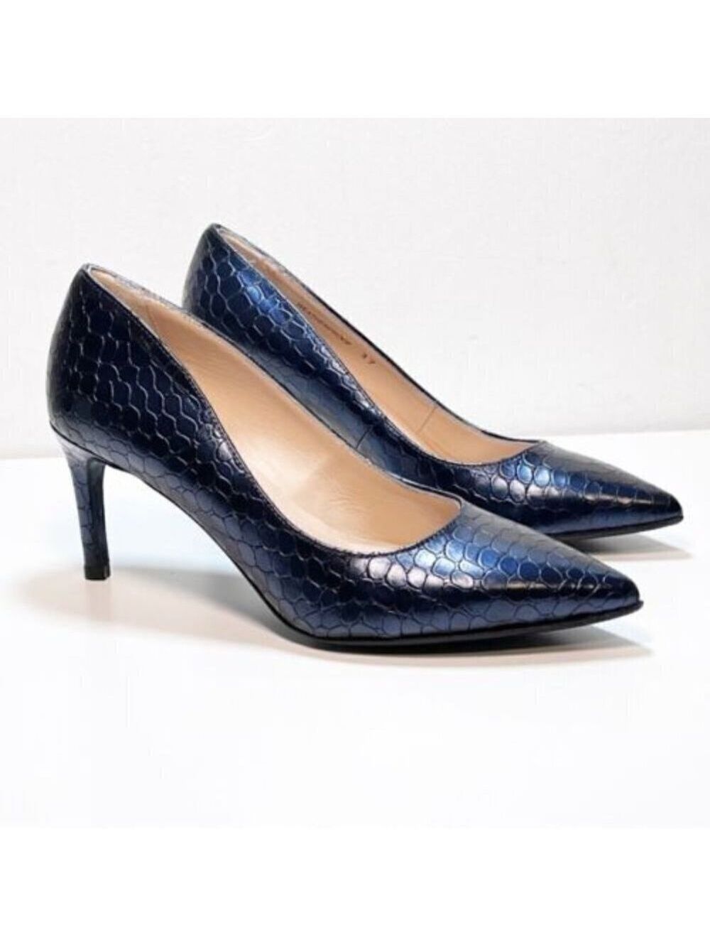 Ron White "Cynthia" Pointed Toe Navy Blue Croc Embossed Heel BNWT Italy